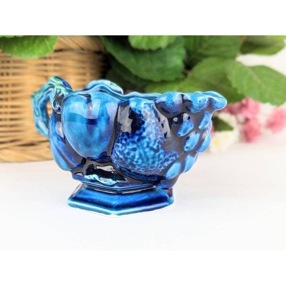 Indigo Blue Ceramic Footed Creamer Pitcher Embossed Fruit Grapes Leaves Inarco - Picture 8 of 8